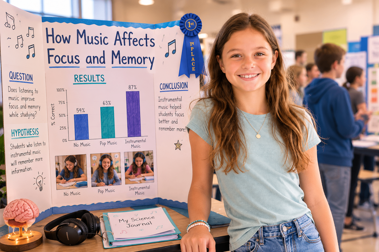 Emily standing next to her first-place science fair project, 'How Music Affects Focus and Memory'