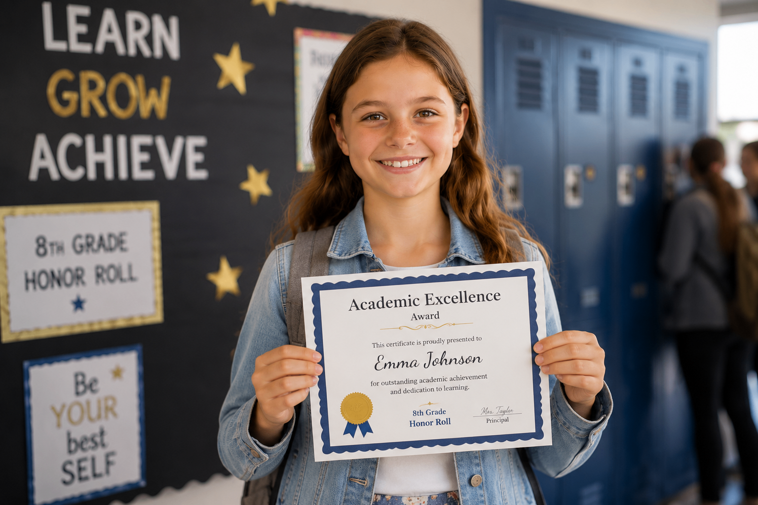 Emily holding her 8th Grade Academic Excellence certificate outside her school locker