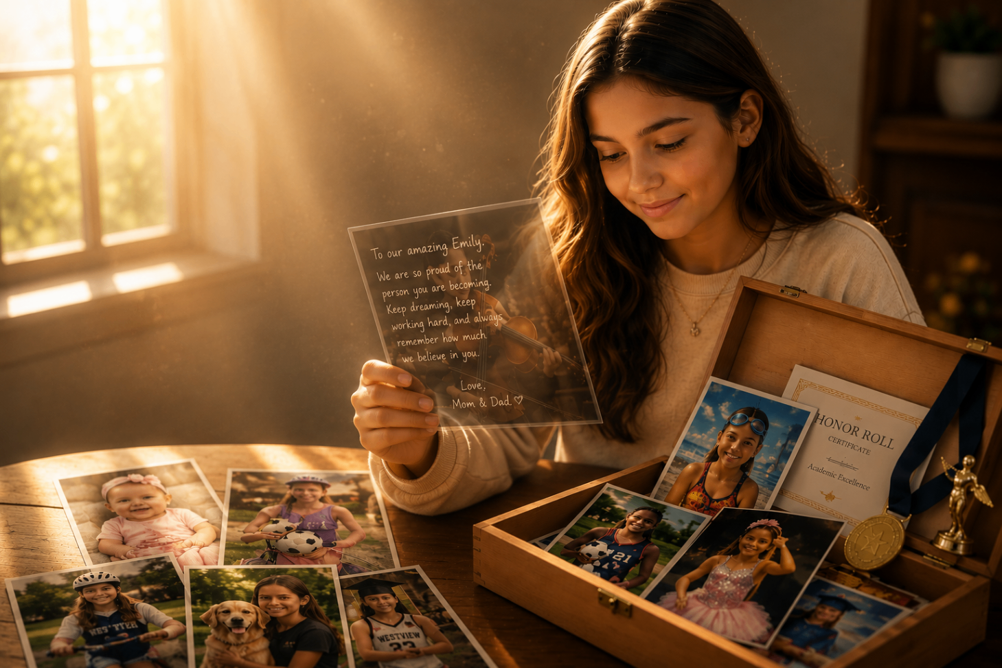Emily looking back through her family's keepsake of memories, awards, and letters