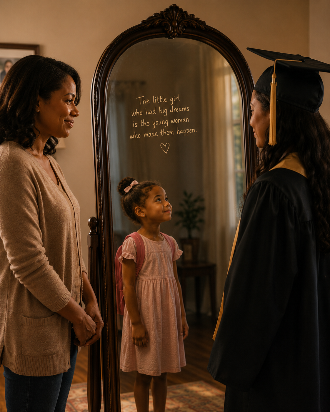 A mother watching her graduate daughter, reflected in a mirror as the little girl she once was
