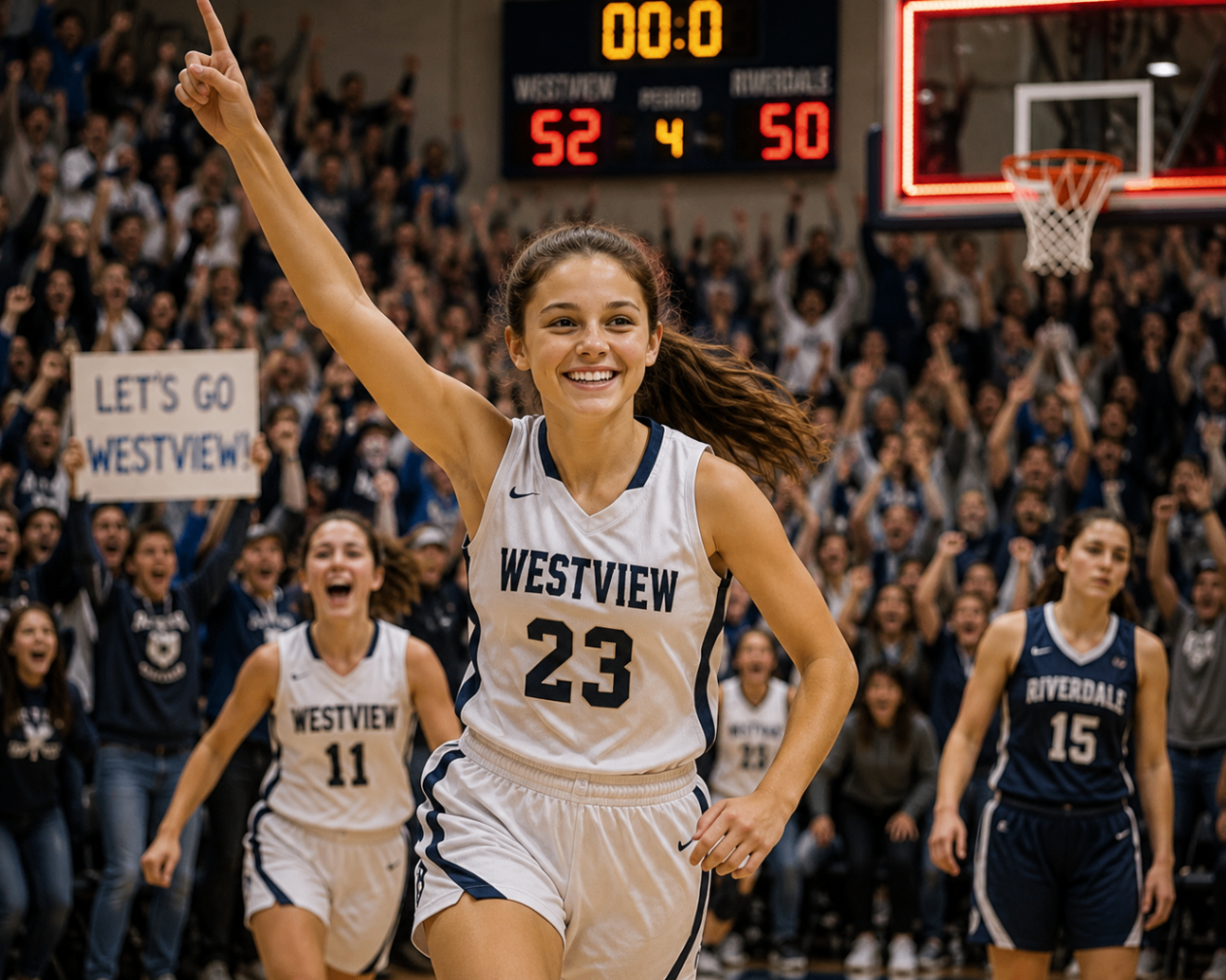 Emily celebrating a winning basket at a packed home basketball game