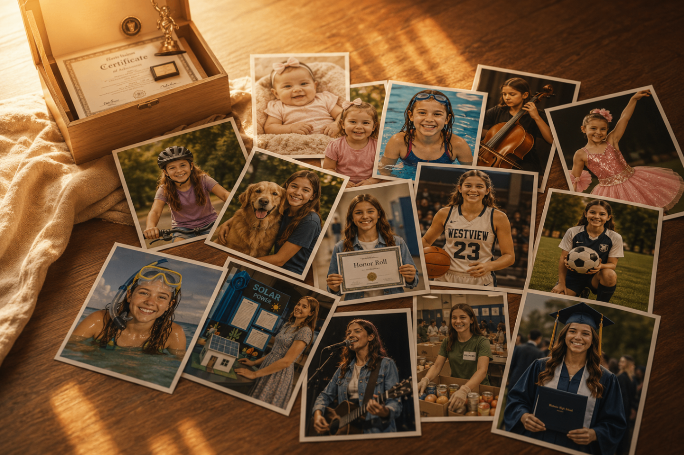A collection of Emily's childhood photographs spread across a warm wooden table