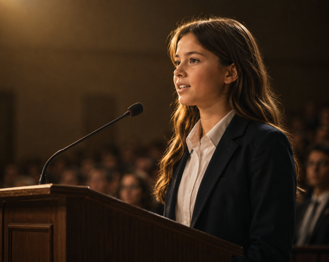 Emily delivering a speech at a podium in front of a packed auditorium